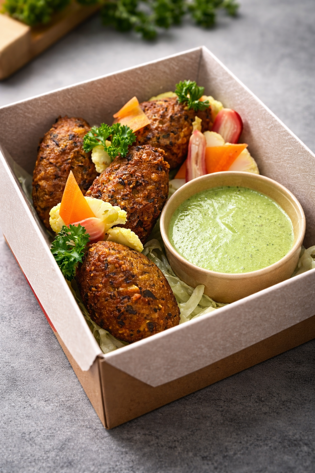 Falafel (pois chiches, coco rose) sauce yaourt ail des ours